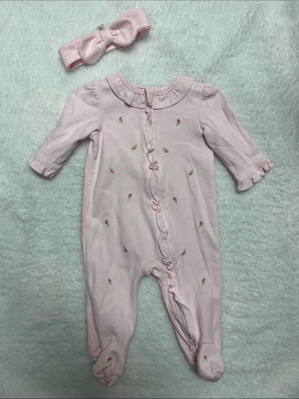 4/25$ Little Me Pale Pink Ruffle Front Footed One-Piece with Headband
